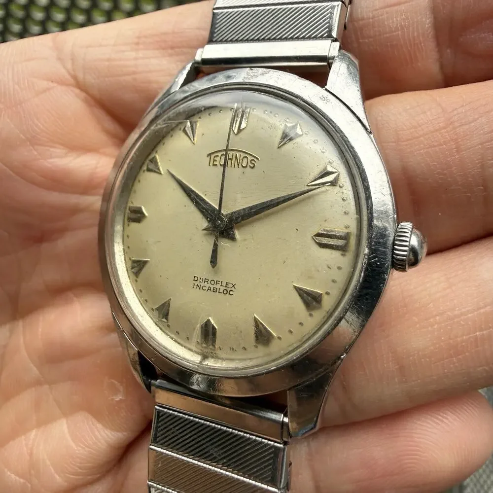 Vintage Technos Duroflex Stainless Steel Manual Wind Men’s Wrist Watch